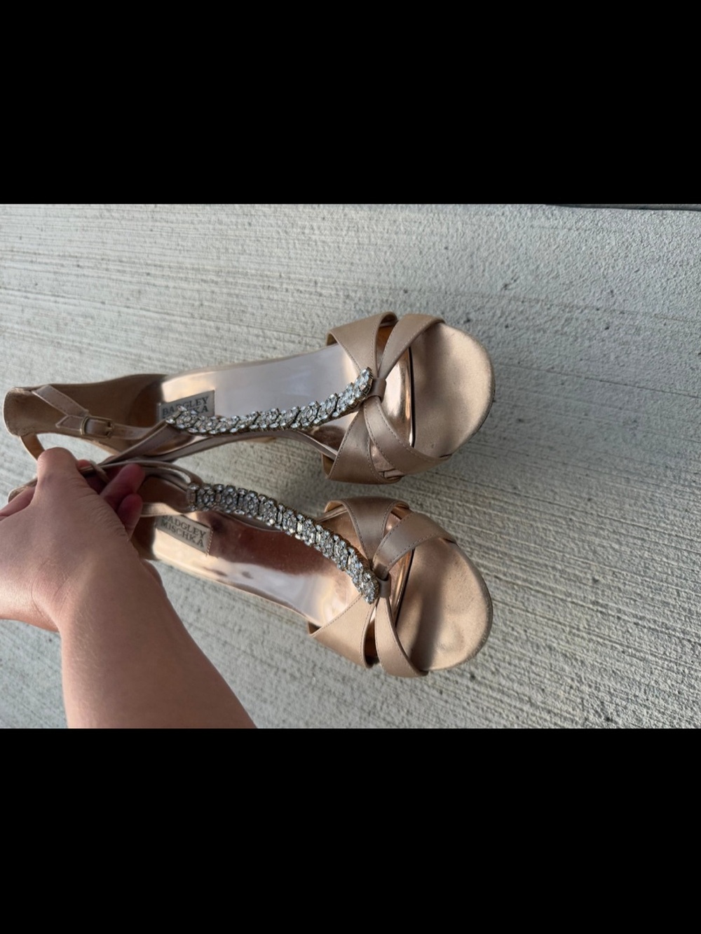 Badgley Mischka Rose Gold Satin T-Strap Crystal Embellished Heels - Picture 9 of 12